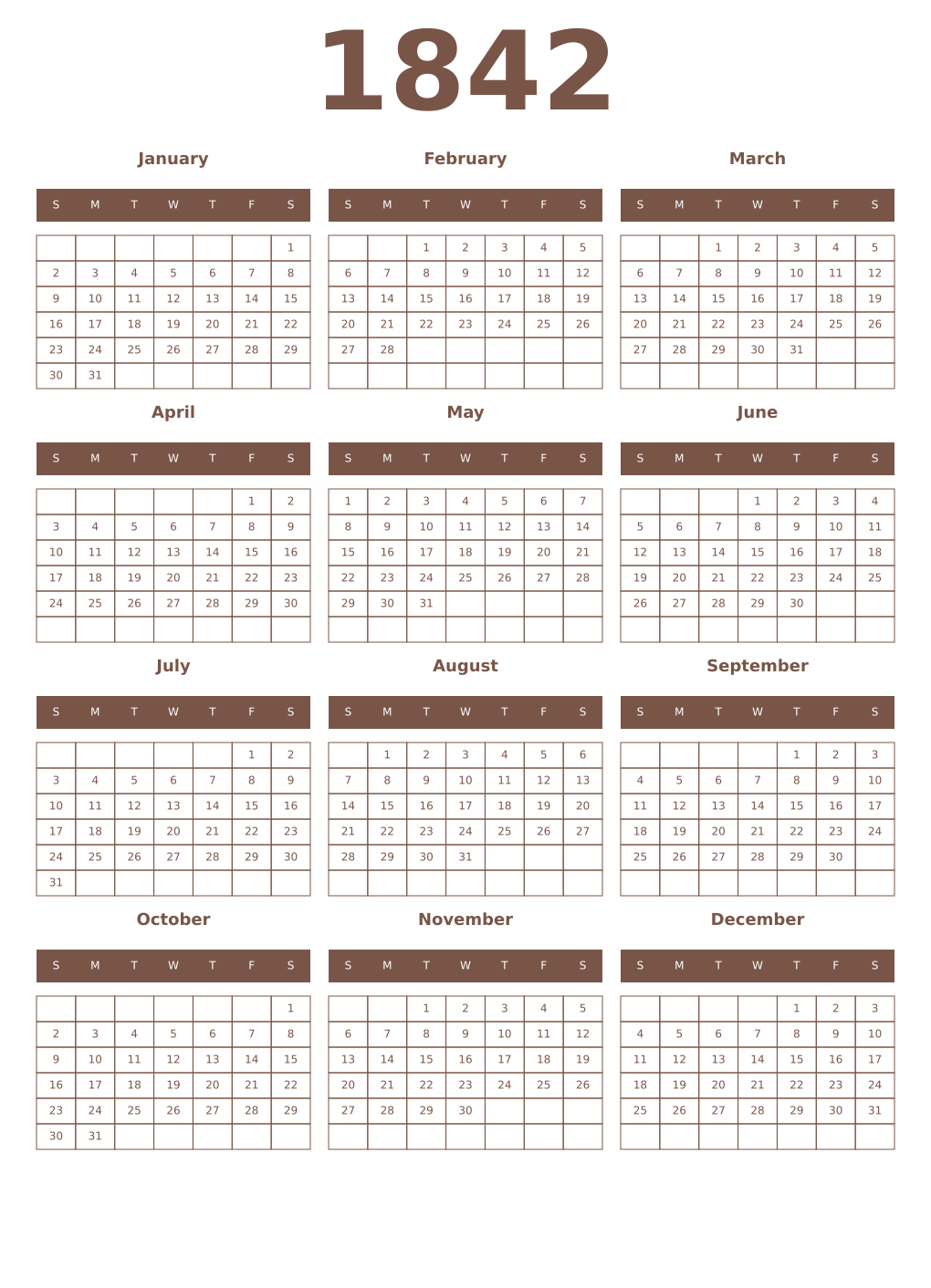 Printable 1842 Year Calendars coffe