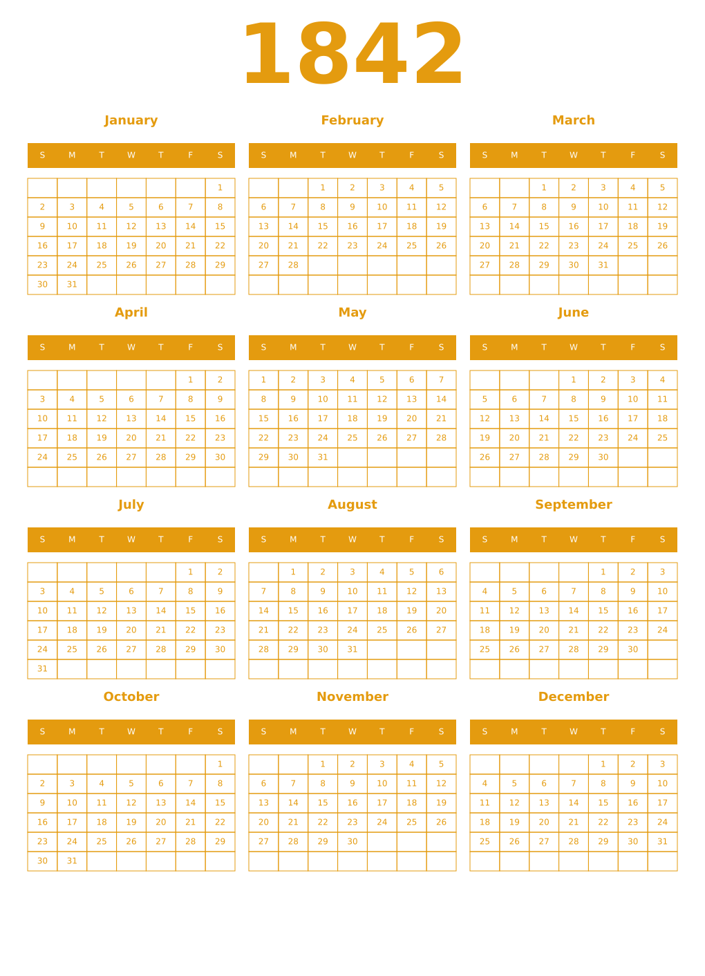 Printable 1842 Year Calendars gamboge