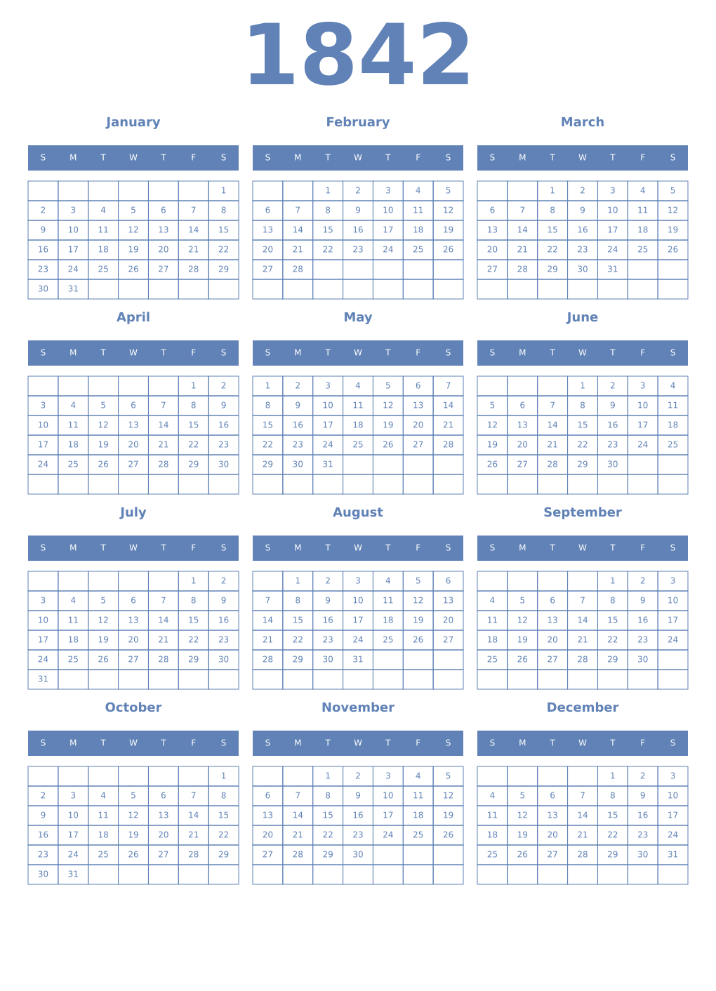Printable 1842 Year Calendars glaucous