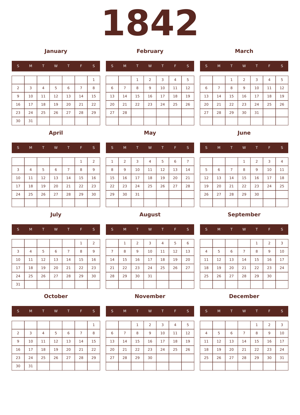 Printable 1842 Year Calendars mortuum