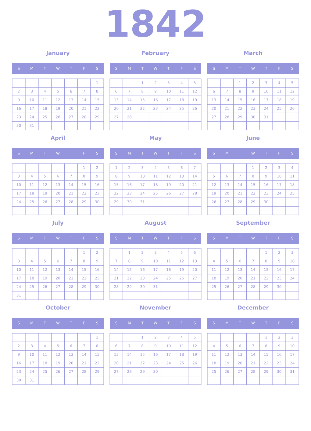 Printable 1842 Year Calendars periwinkle