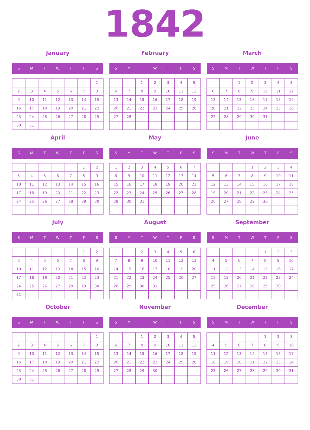 Printable 1842 Year Calendars purple