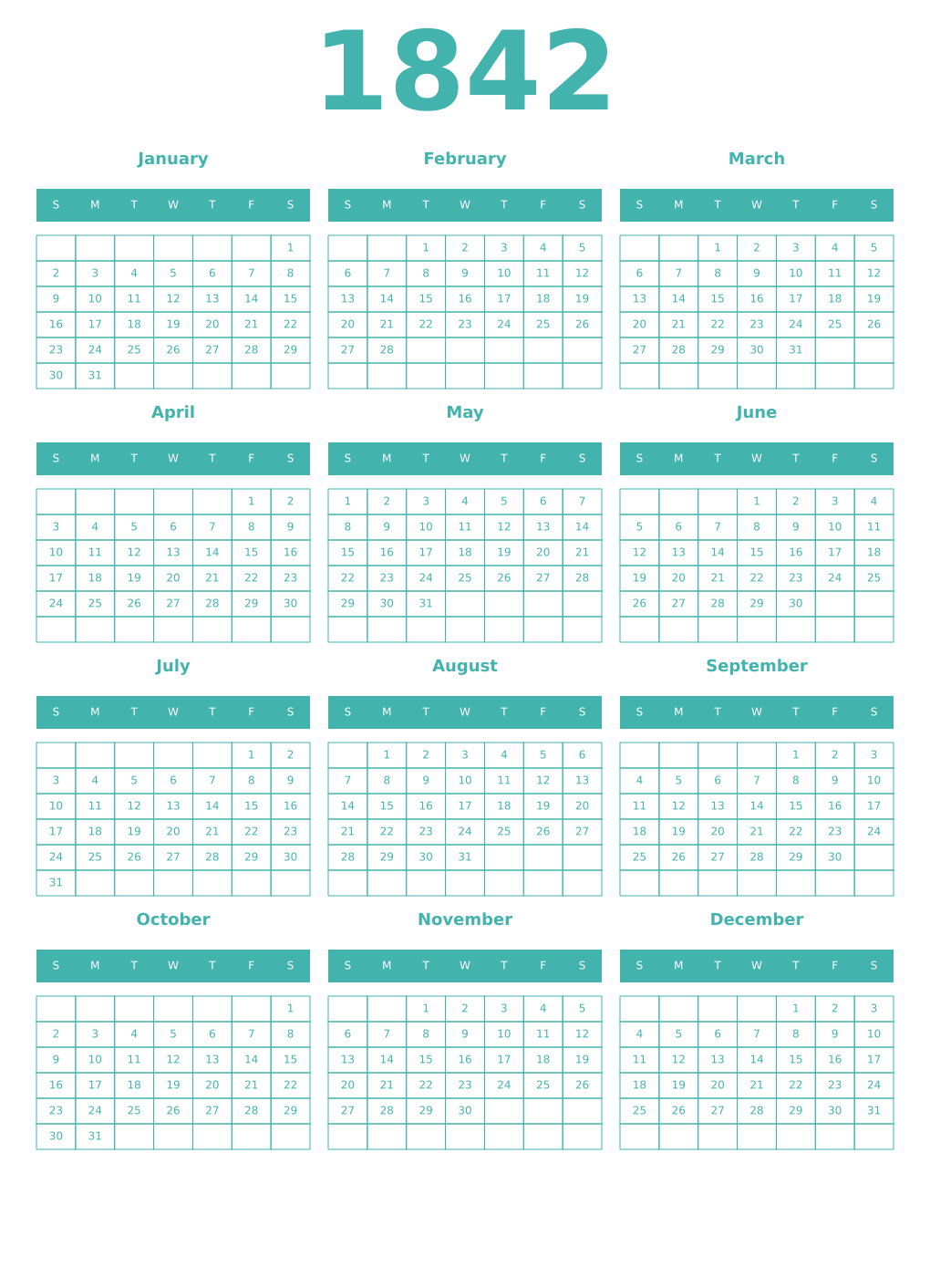 Printable 1842 Year Calendars verdigris