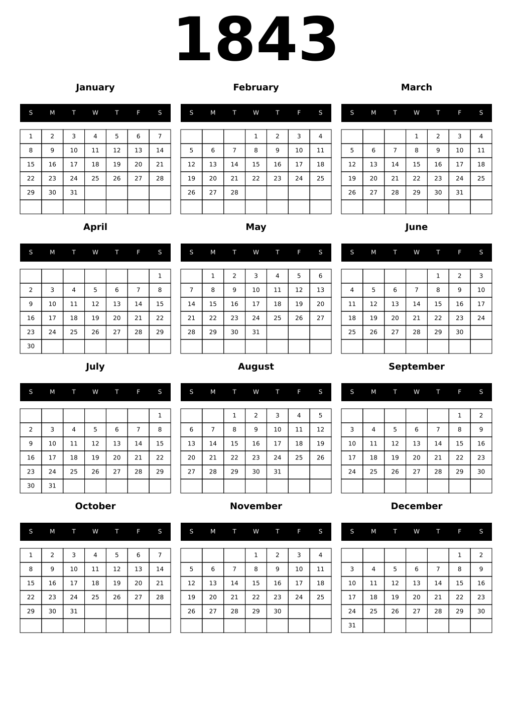 Printable 1843 Year Calendars black