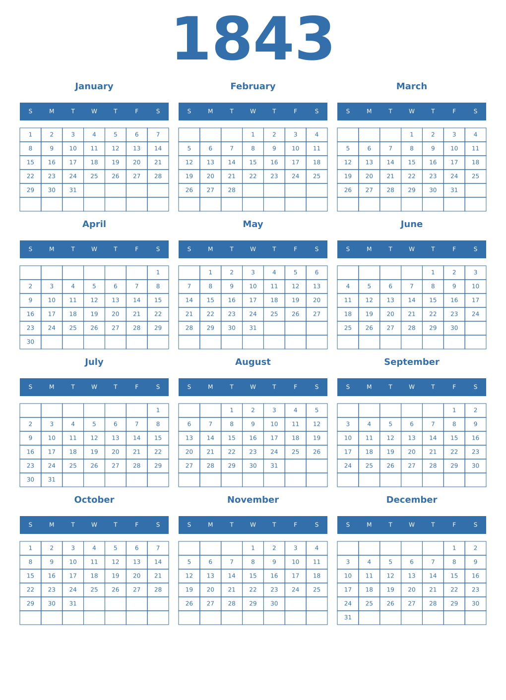Printable 1843 Year Calendars blue
