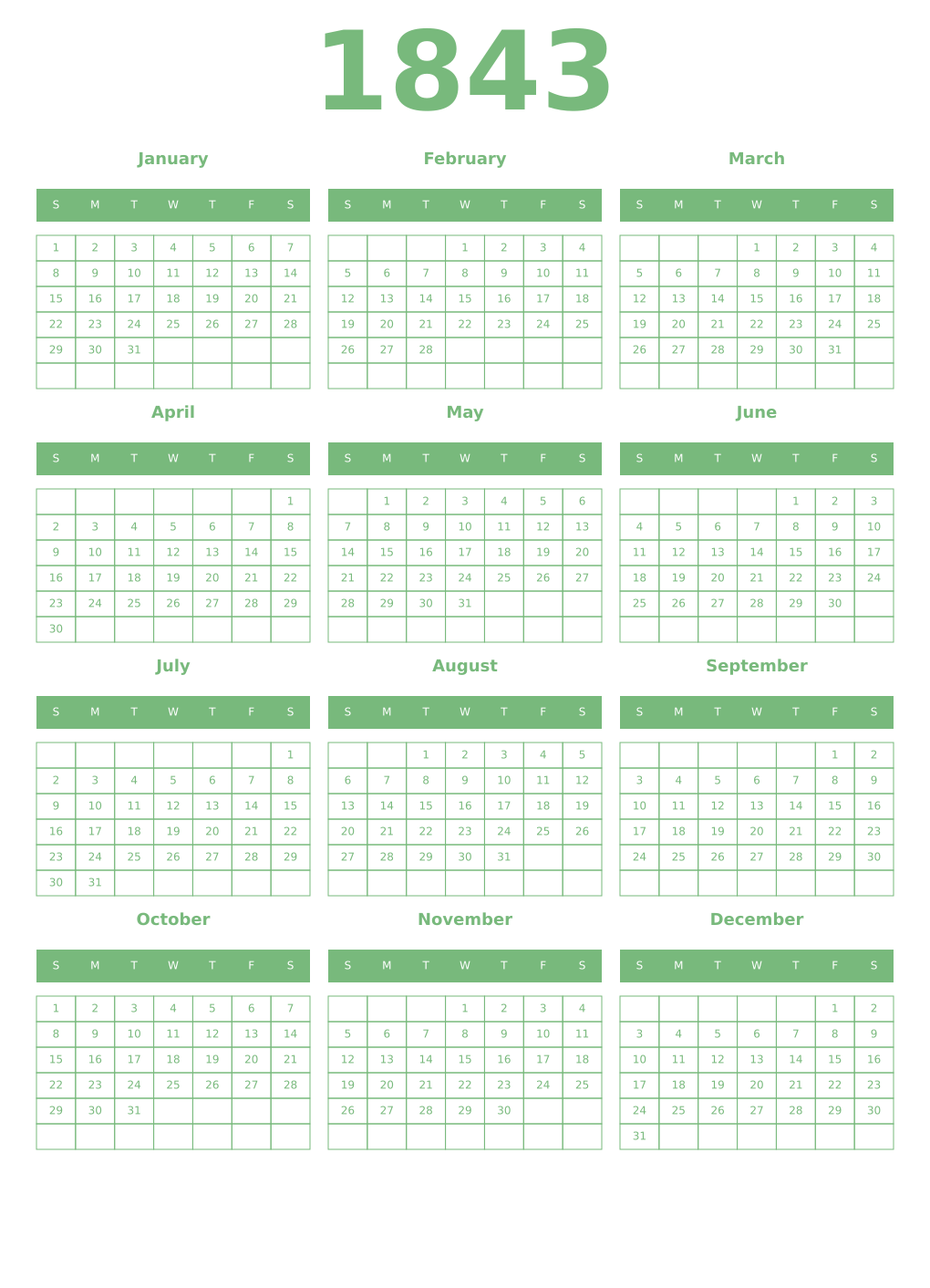 Printable 1843 Year Calendars celadon