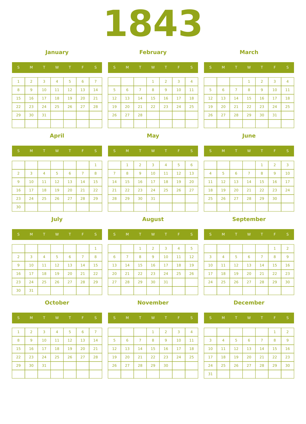 Printable 1843 Year Calendars chartreuse