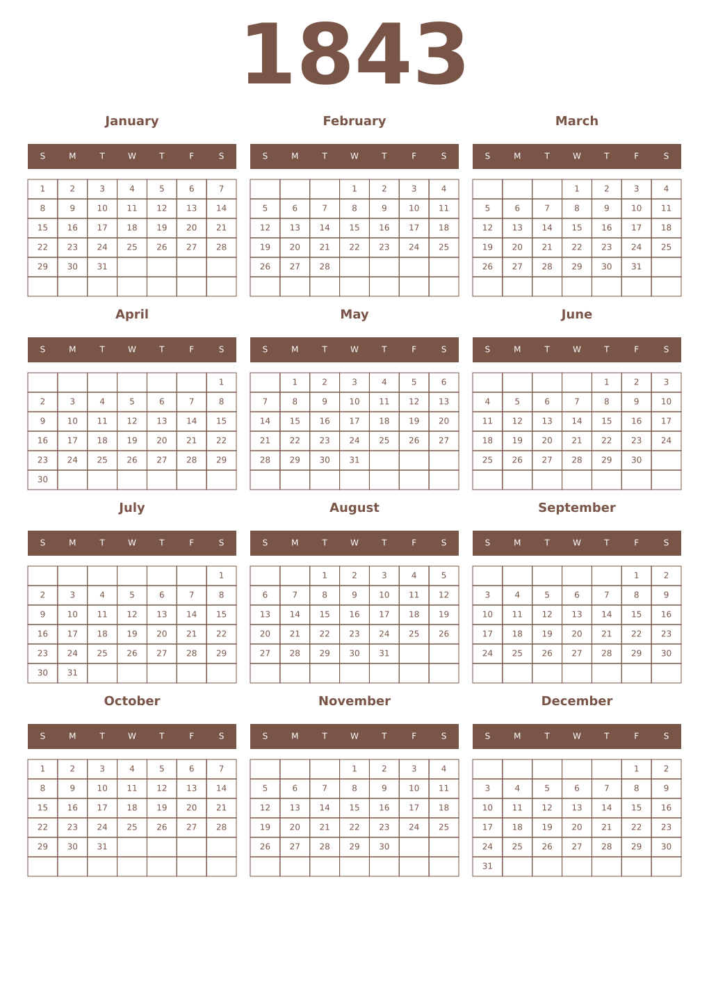 Printable 1843 Year Calendars coffe