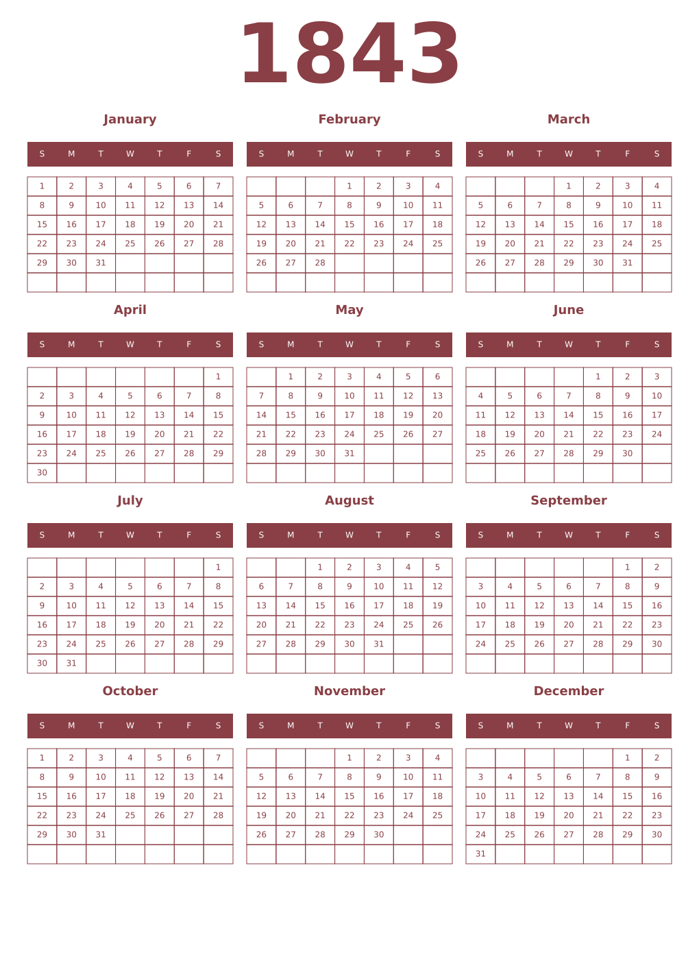Printable 1843 Year Calendars cordovan