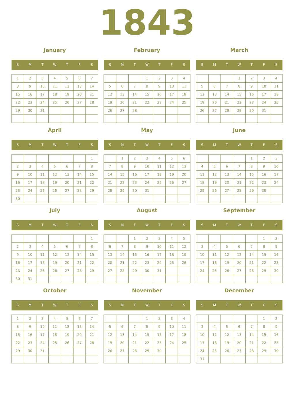 Printable 1843 Year Calendars eburnean