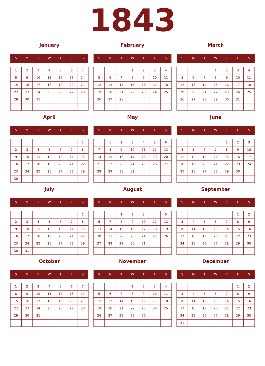 Printable 1843 Year Calendars falu