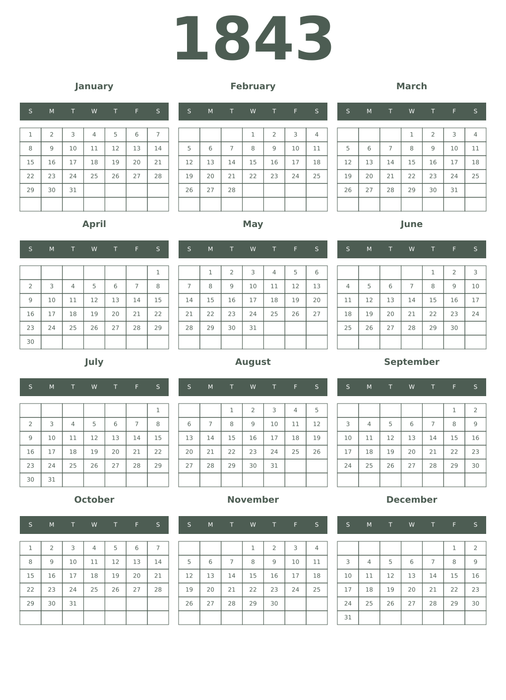 Printable 1843 Year Calendars feldgrau