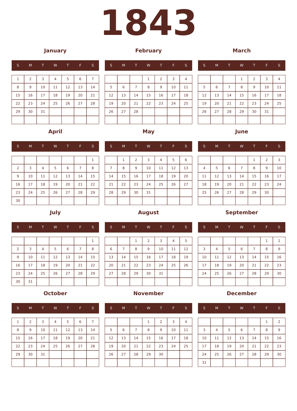 Printable 1843 Year Calendars mortuum