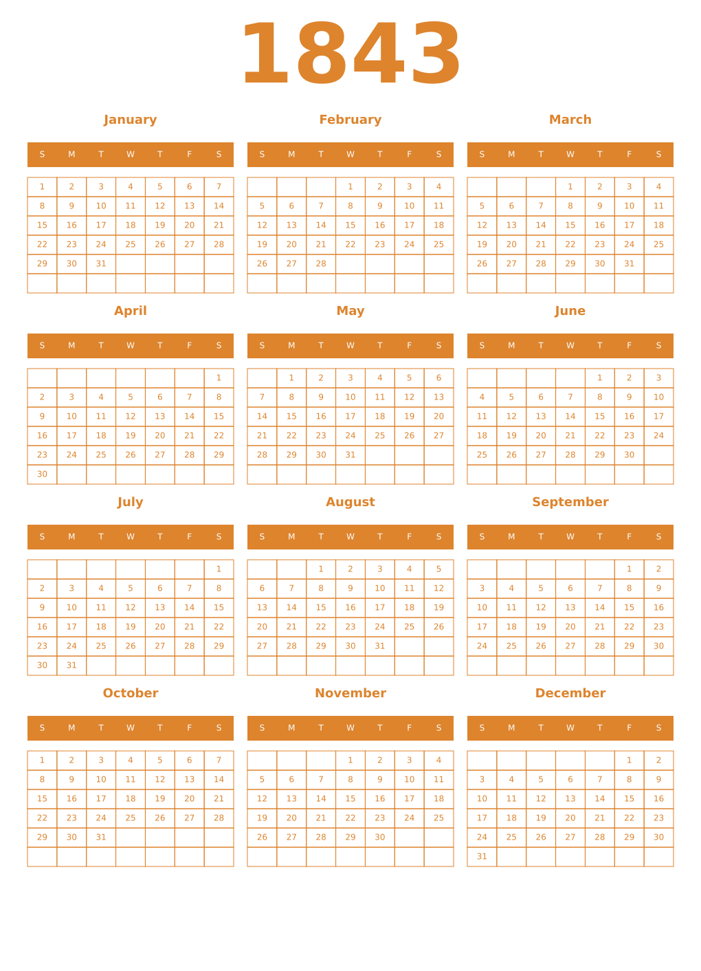 Printable 1843 Year Calendars orange