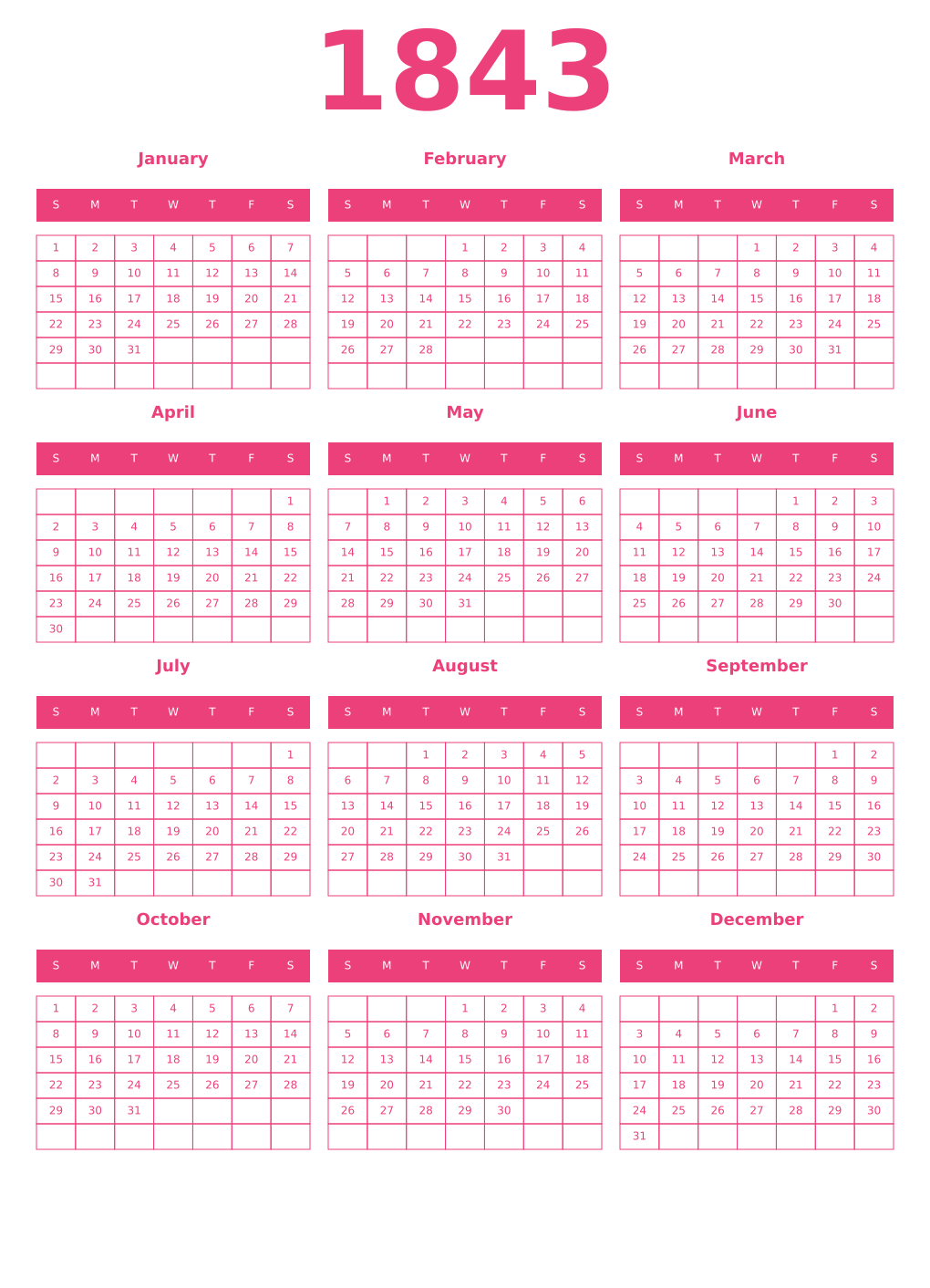Printable 1843 Year Calendars pink