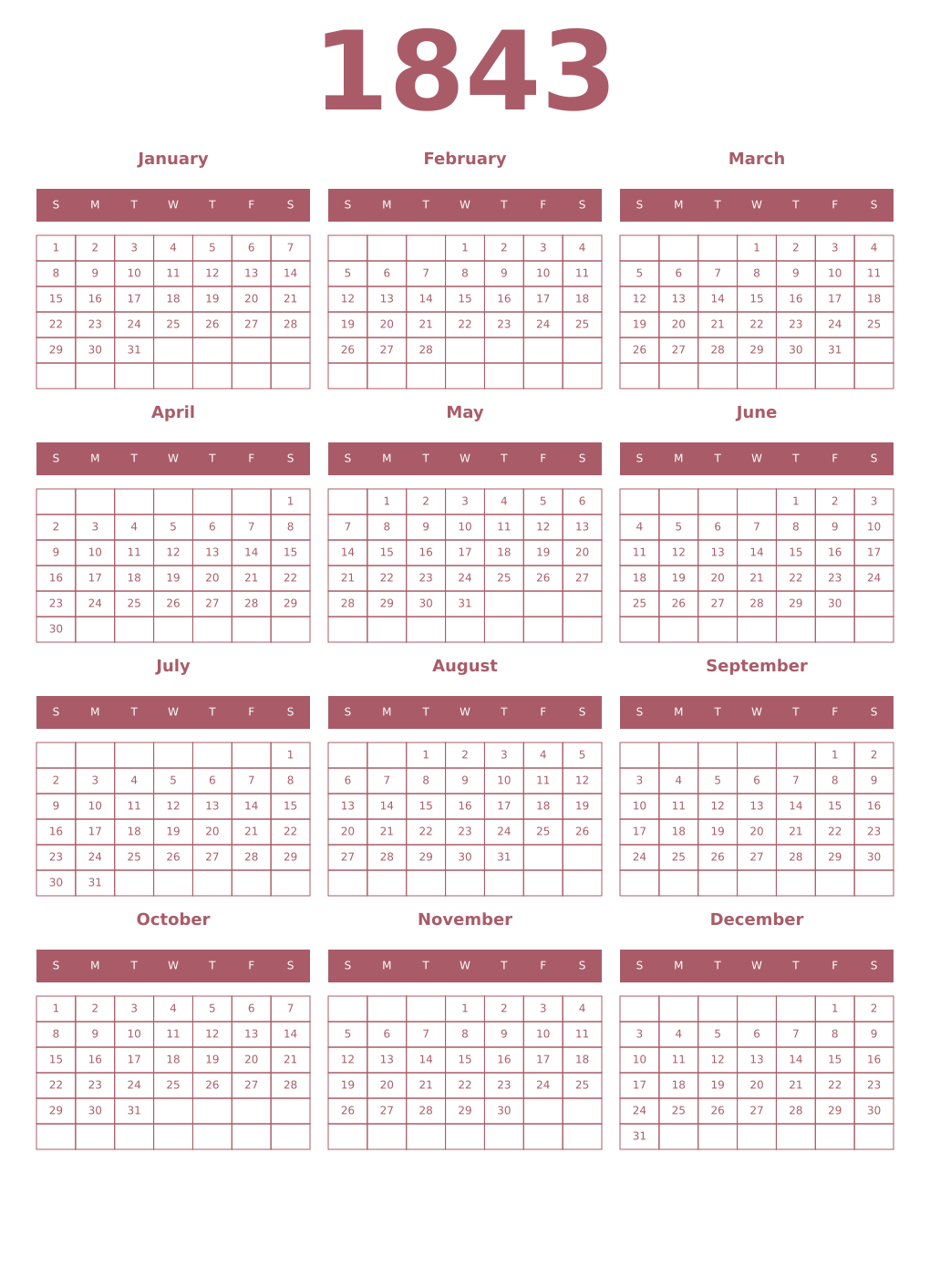 Printable 1843 Year Calendars puce