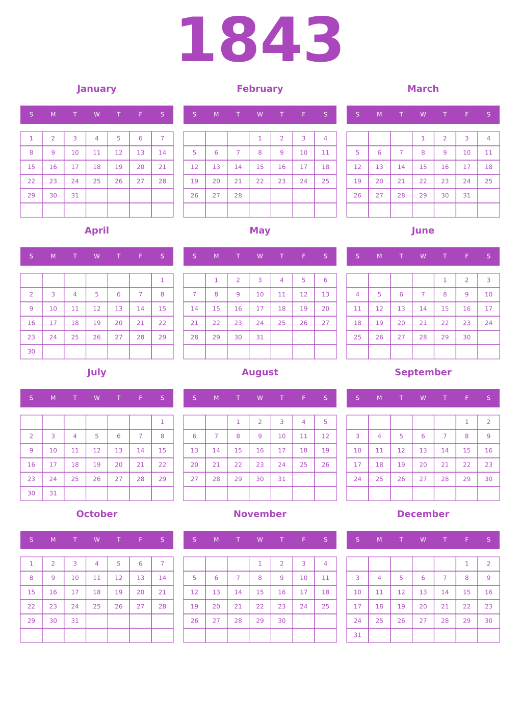 Printable 1843 Year Calendars purple