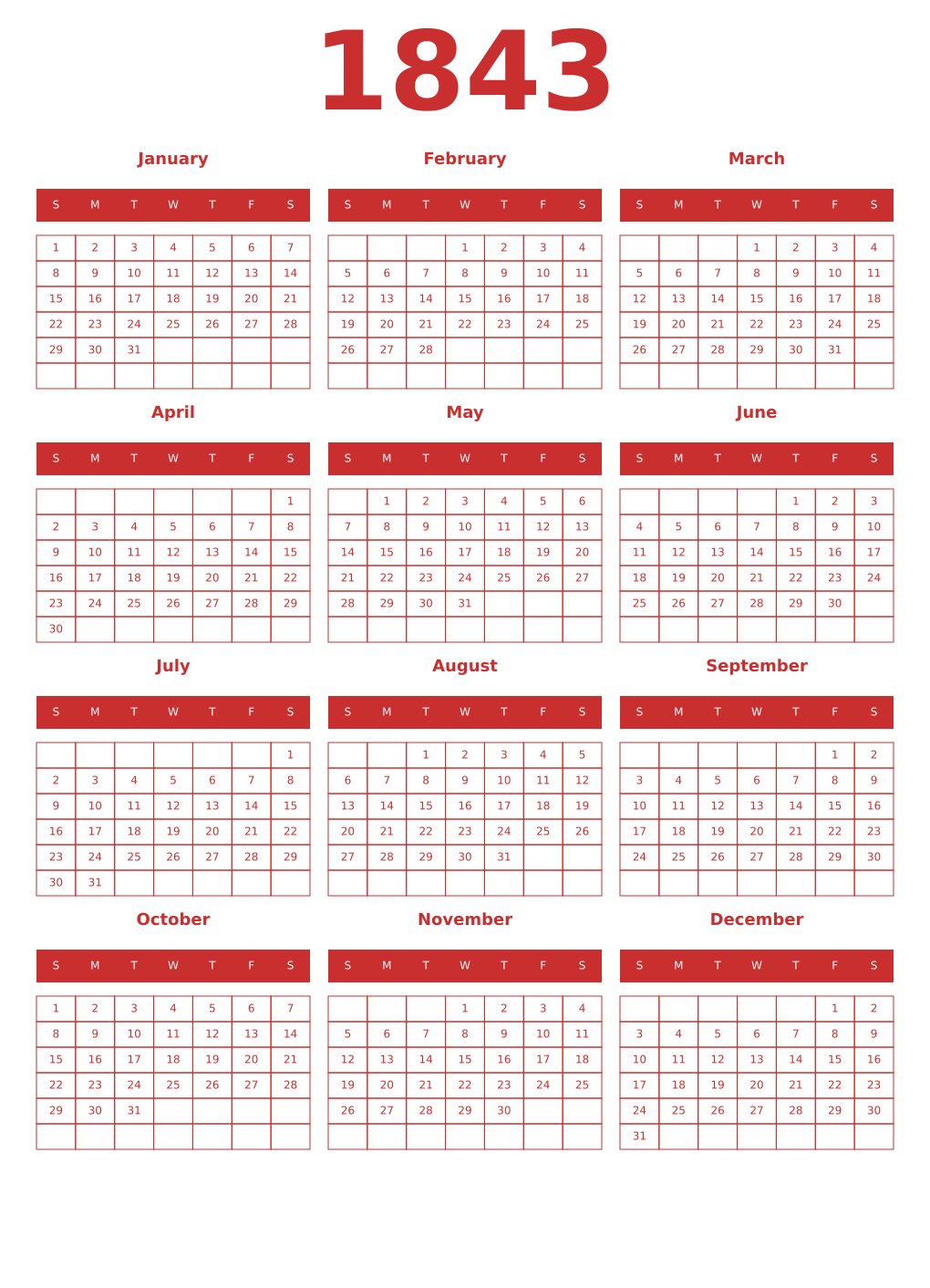 Printable 1843 Year Calendars red