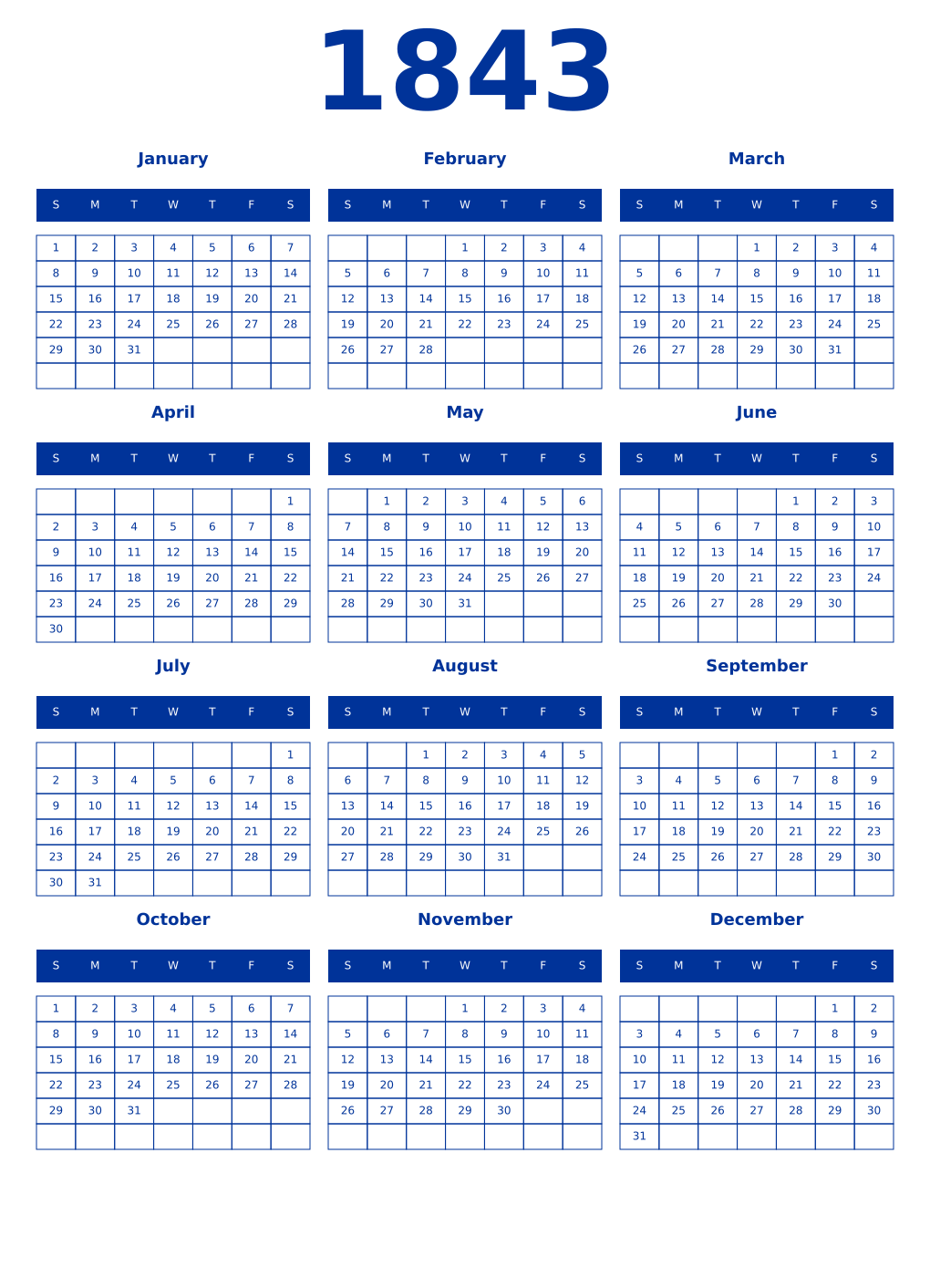 Printable 1843 Year Calendars smalt
