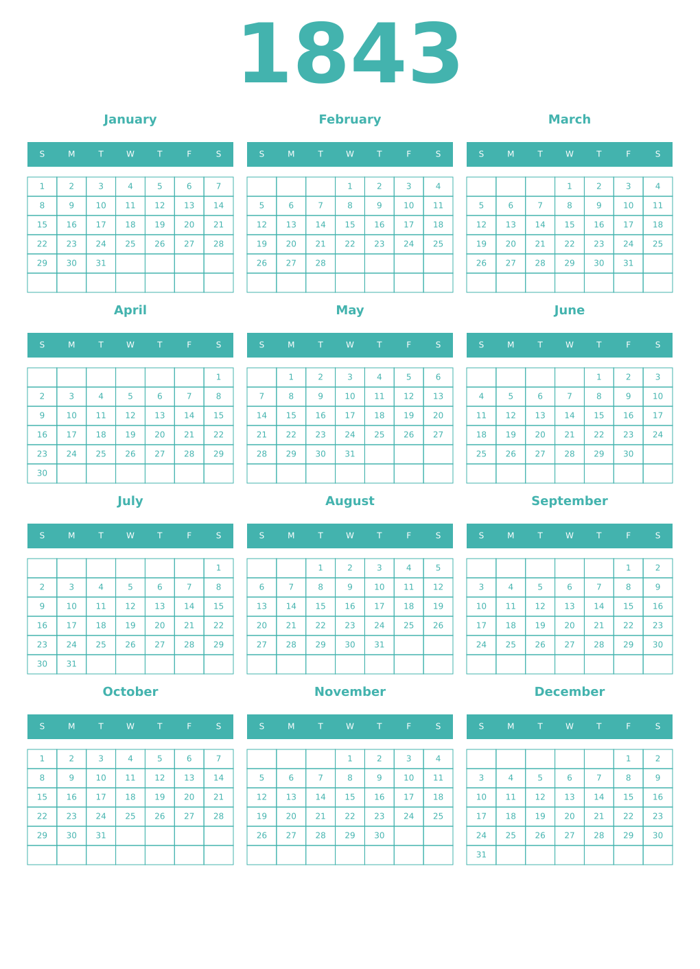 Printable 1843 Year Calendars verdigris