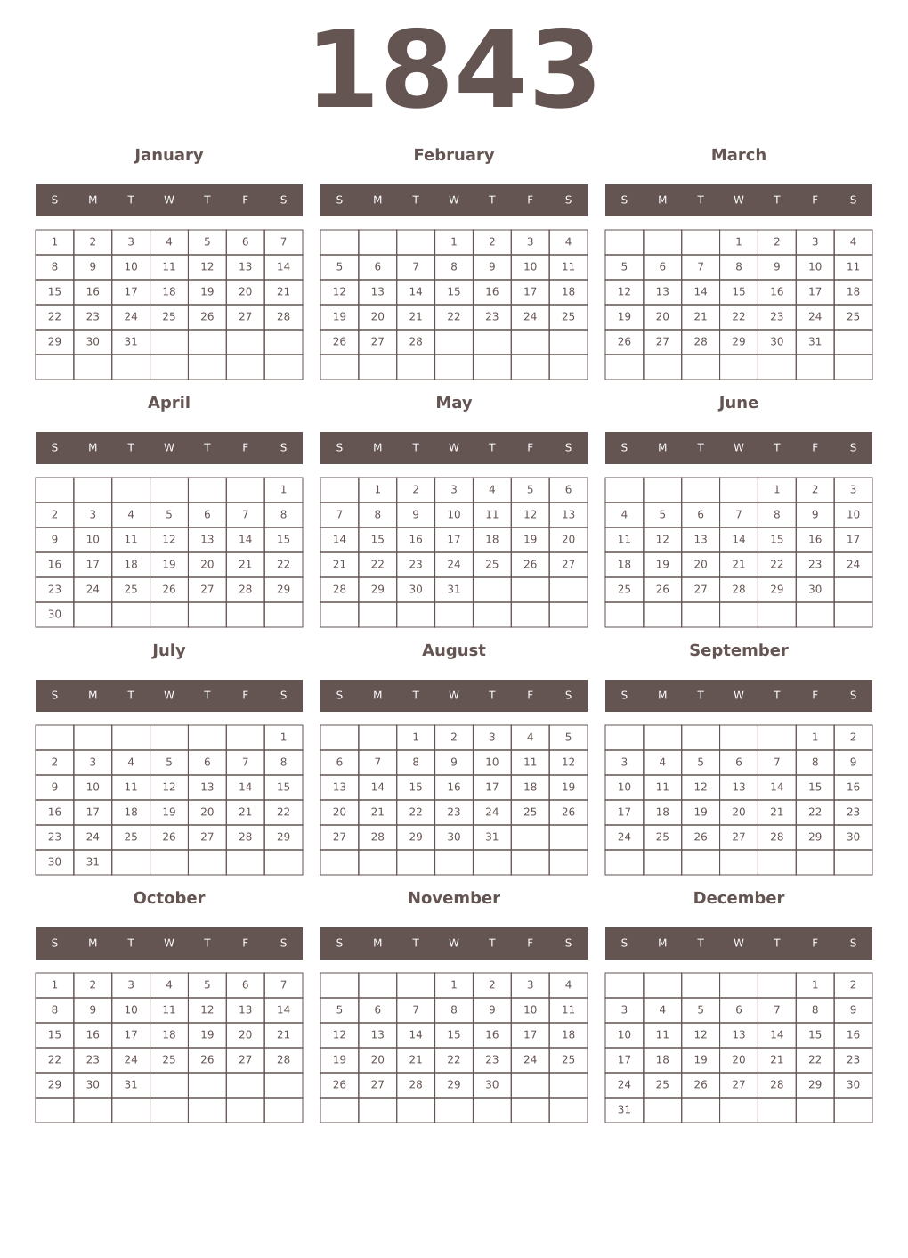 Printable 1843 Year Calendars wenge