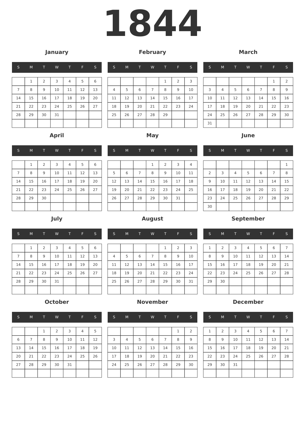Printable 1844 Year Calendars dark