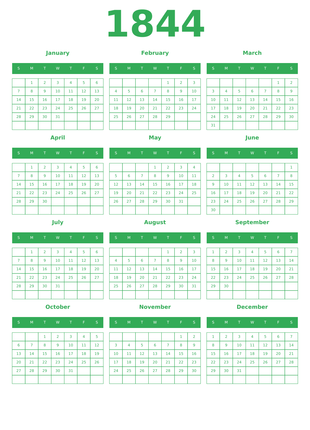 Printable 1844 Year Calendars green