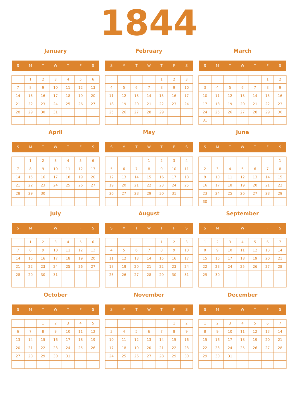 Printable 1844 Year Calendars orange