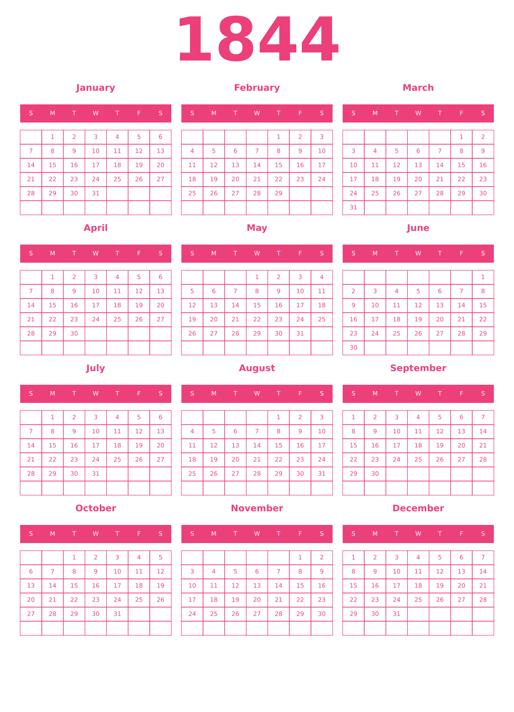 Printable 1844 Year Calendars pink