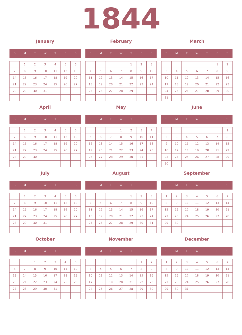 Printable 1844 Year Calendars puce