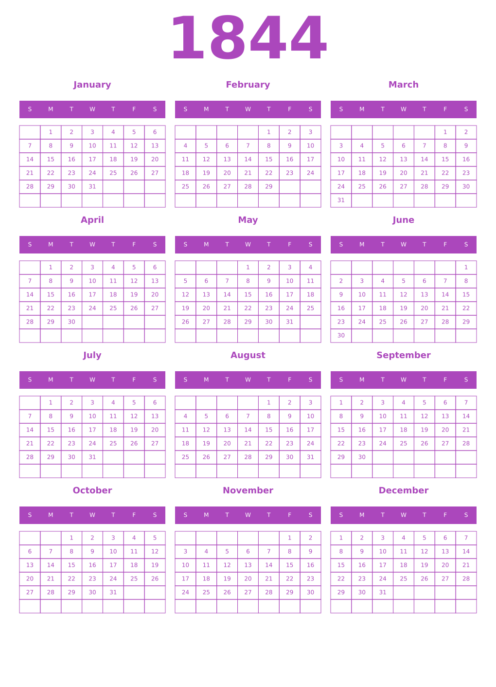 Printable 1844 Year Calendars purple