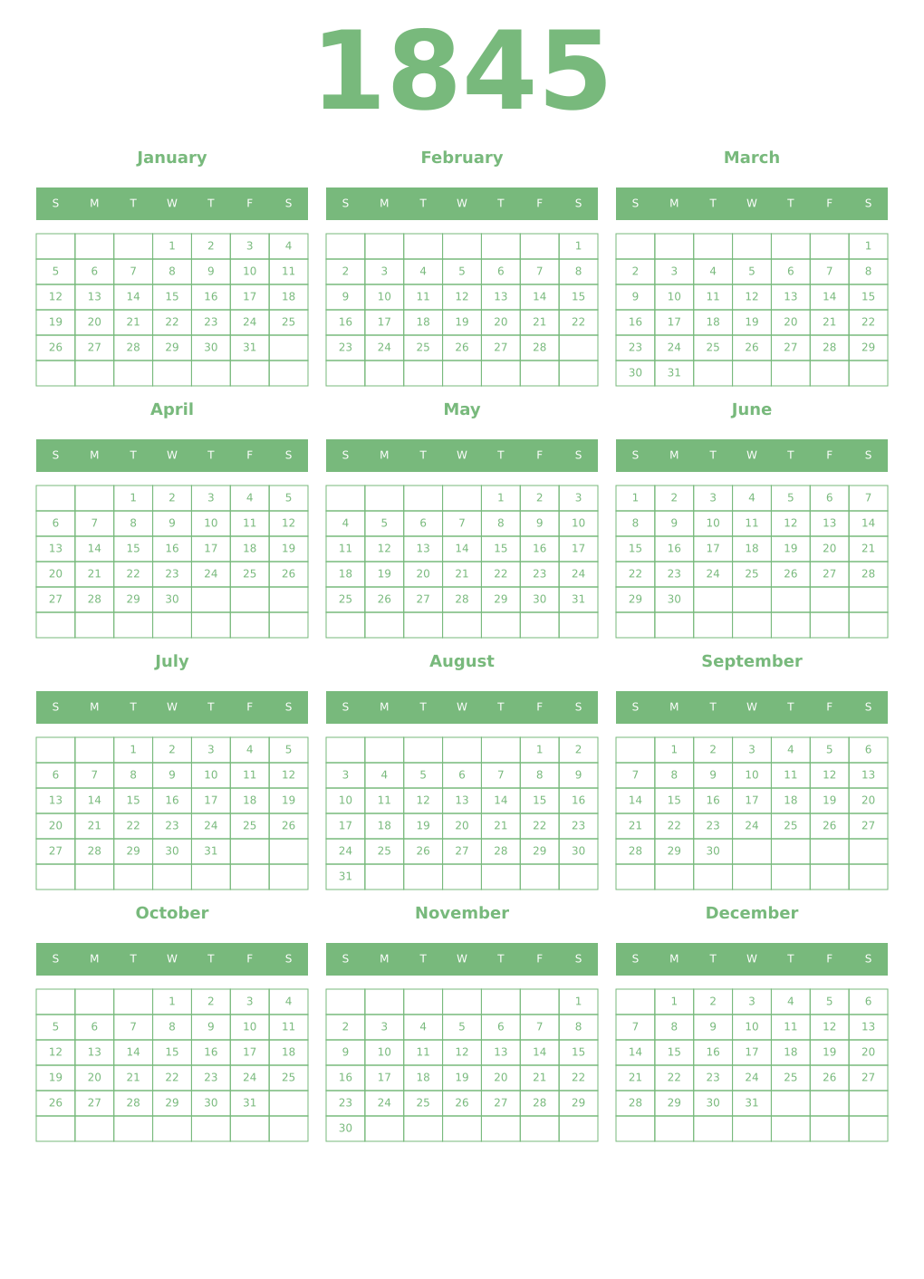 Printable 1845 Year Calendars celadon