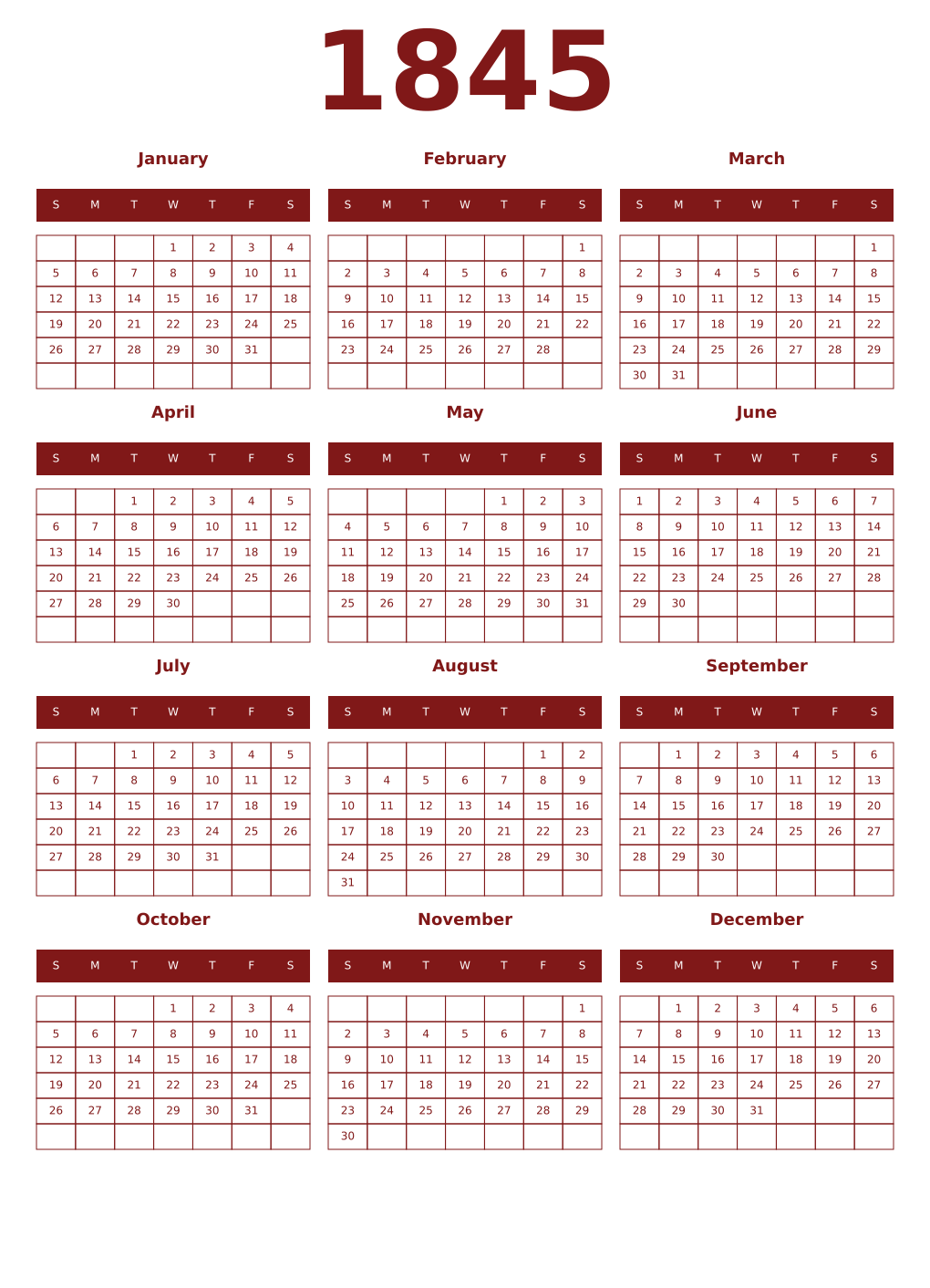 Printable 1845 Year Calendars falu