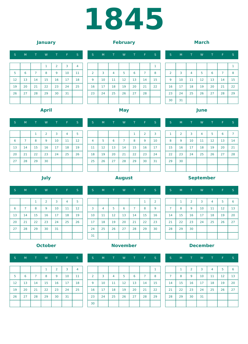 Printable 1845 Year Calendars pastel