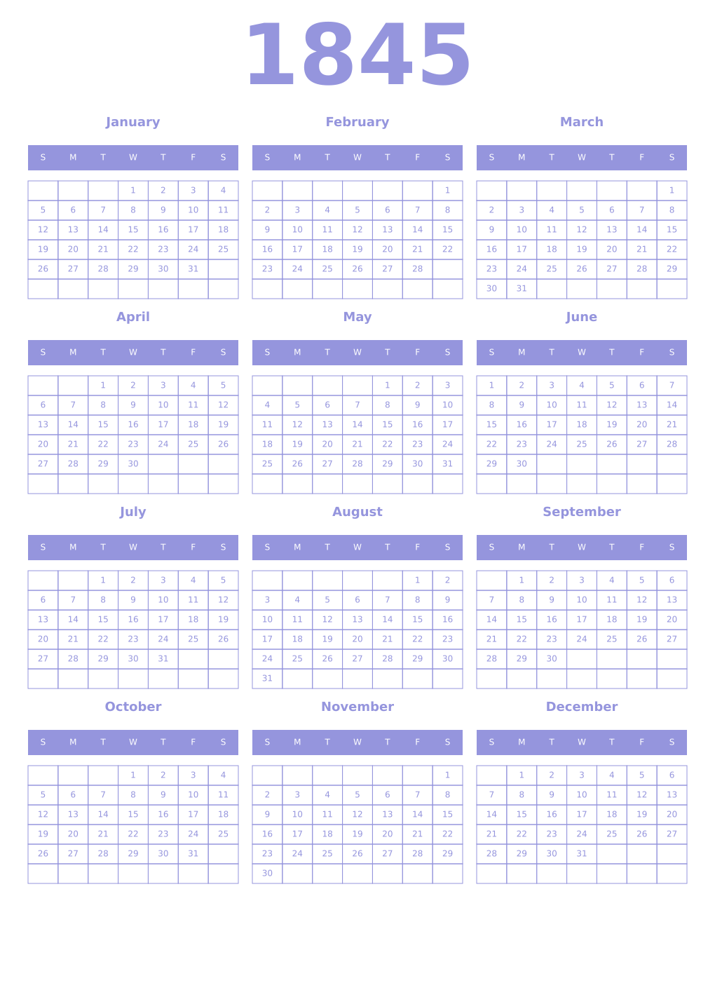 Printable 1845 Year Calendars periwinkle