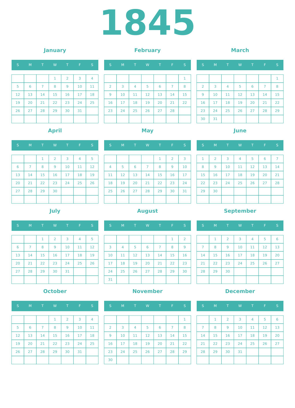 Printable 1845 Year Calendars verdigris