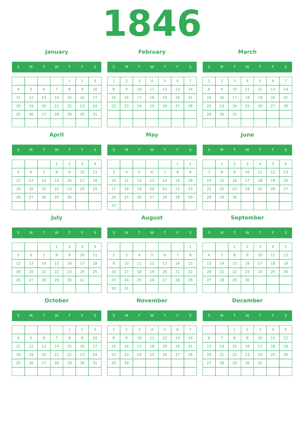 Printable 1846 Year Calendars green