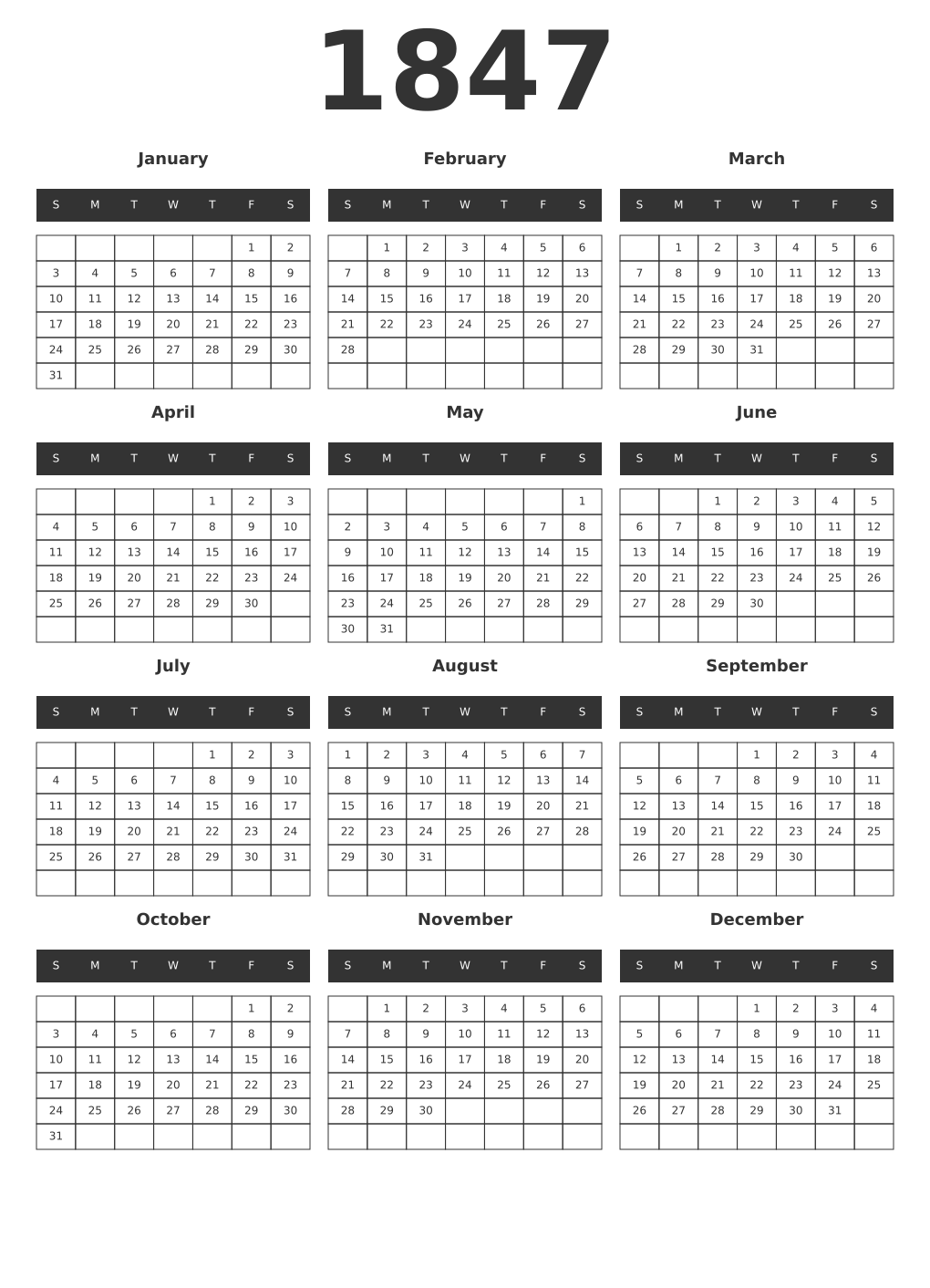 Printable 1847 Year Calendars dark