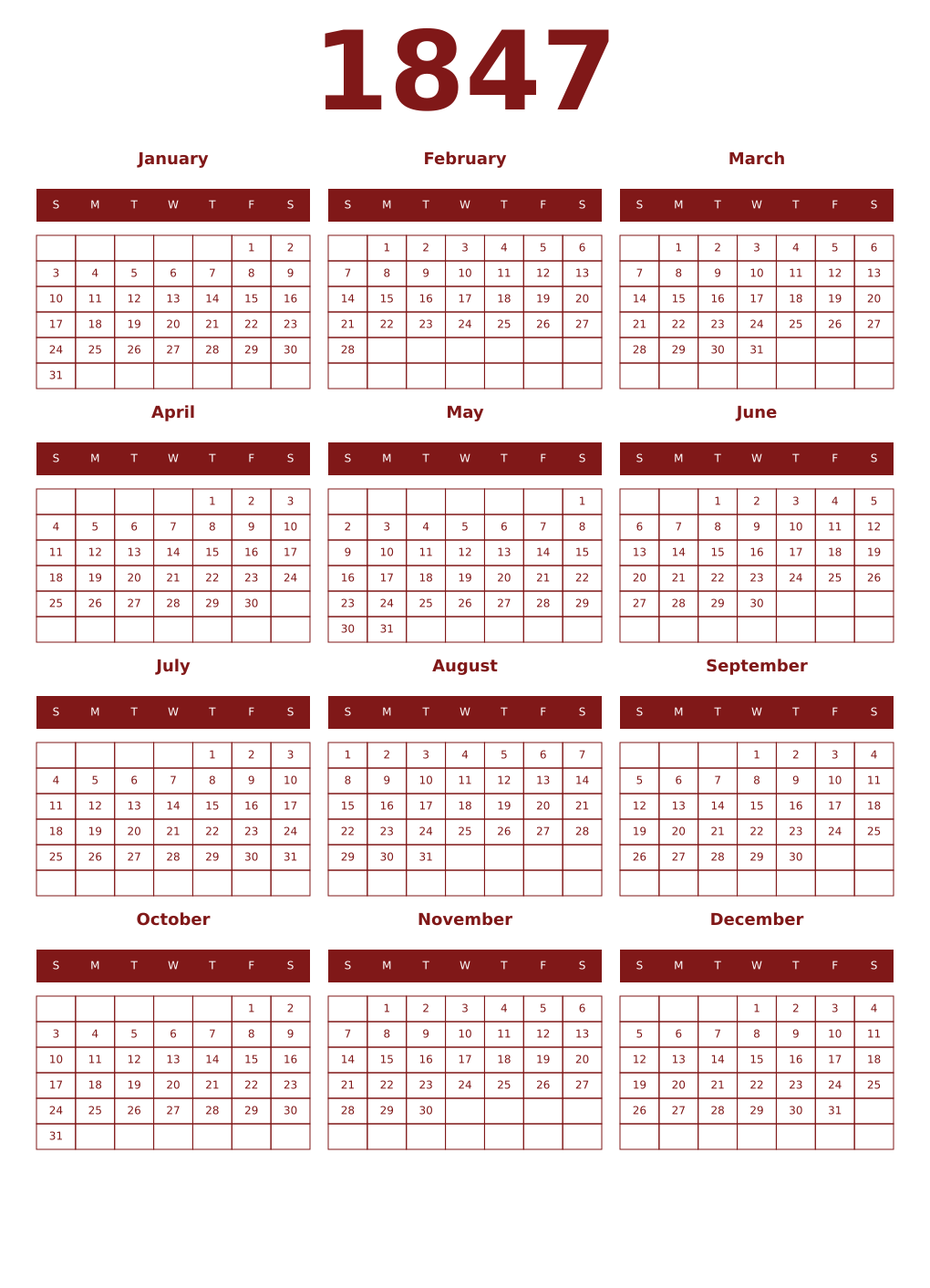 Printable 1847 Year Calendars falu