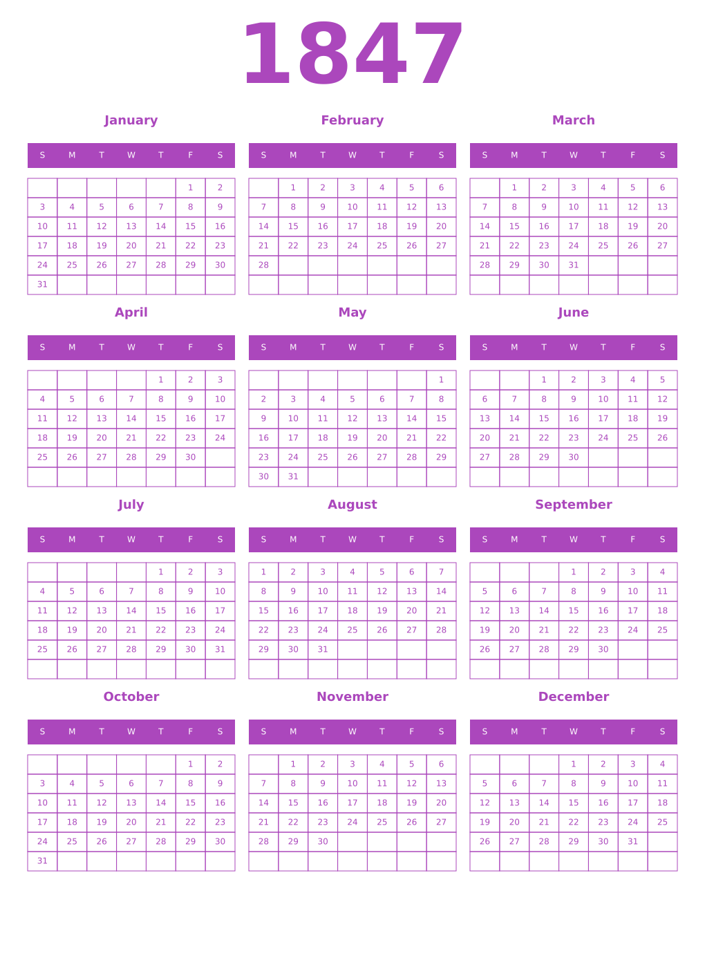 Printable 1847 Year Calendars purple