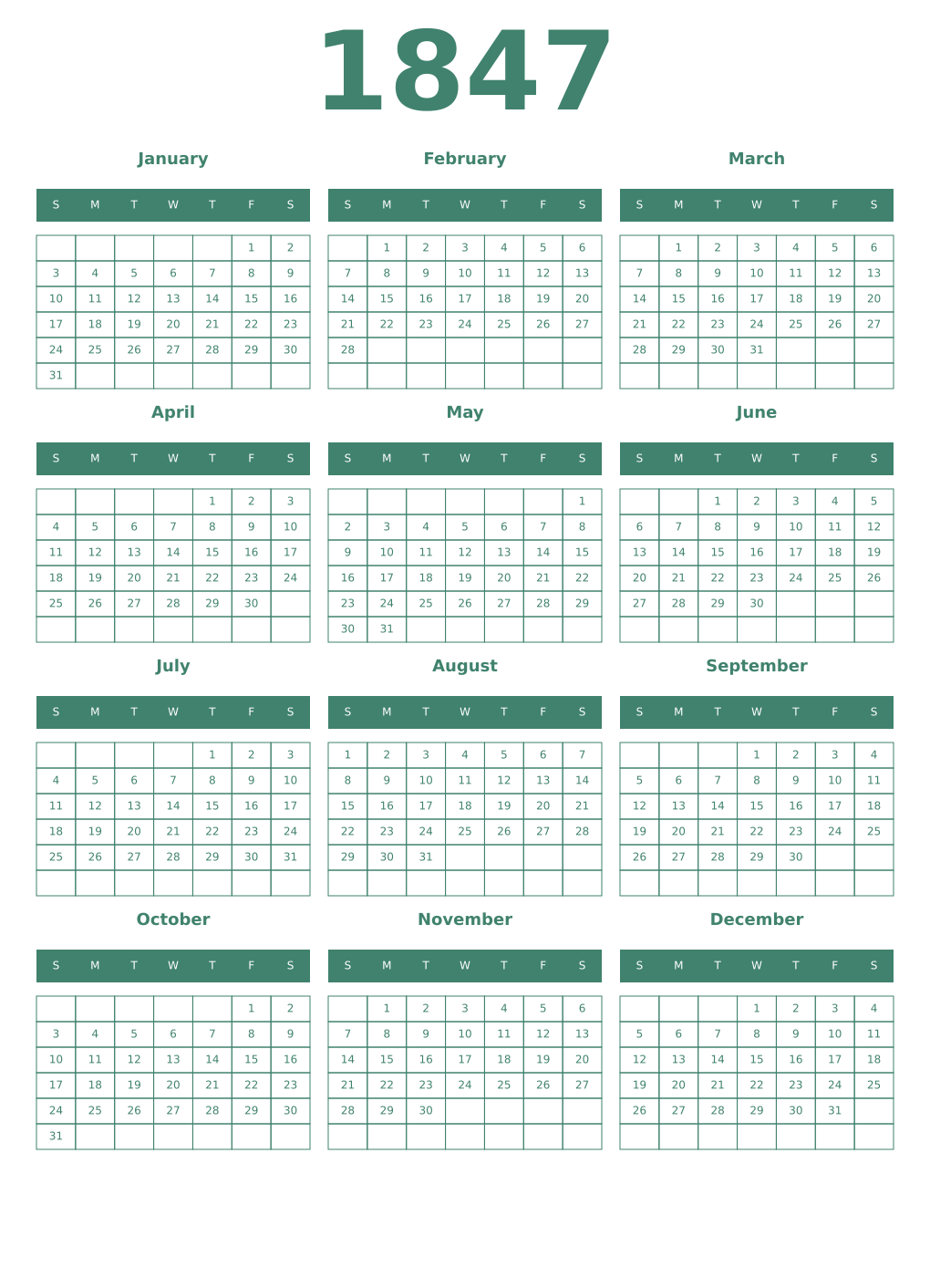 Printable 1847 Year Calendars viridian