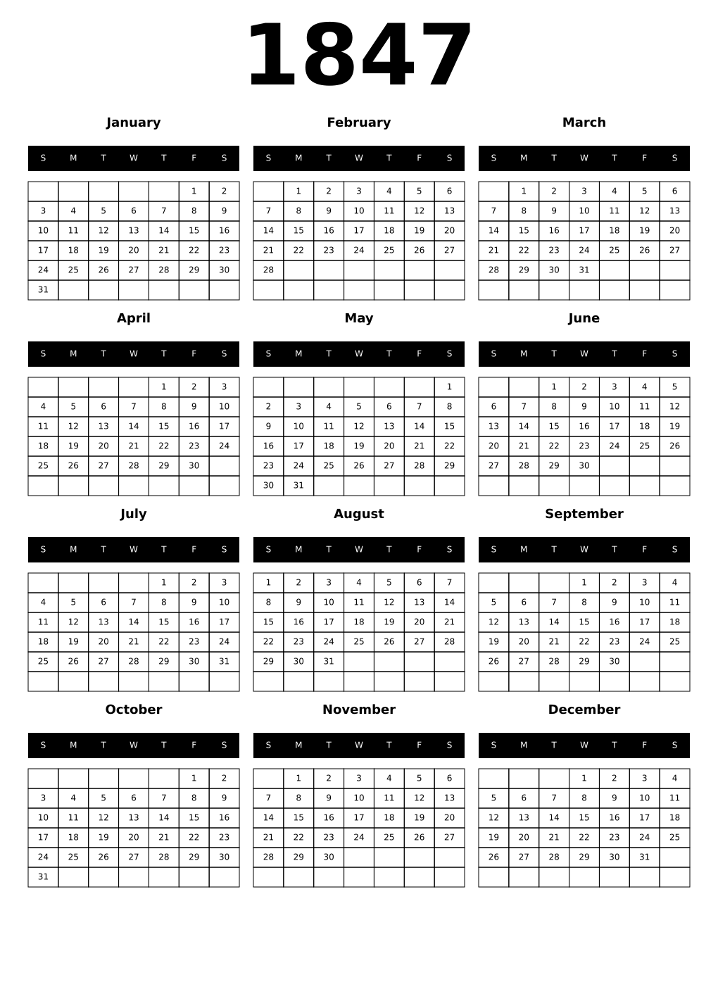 Printable 1847 Calendars