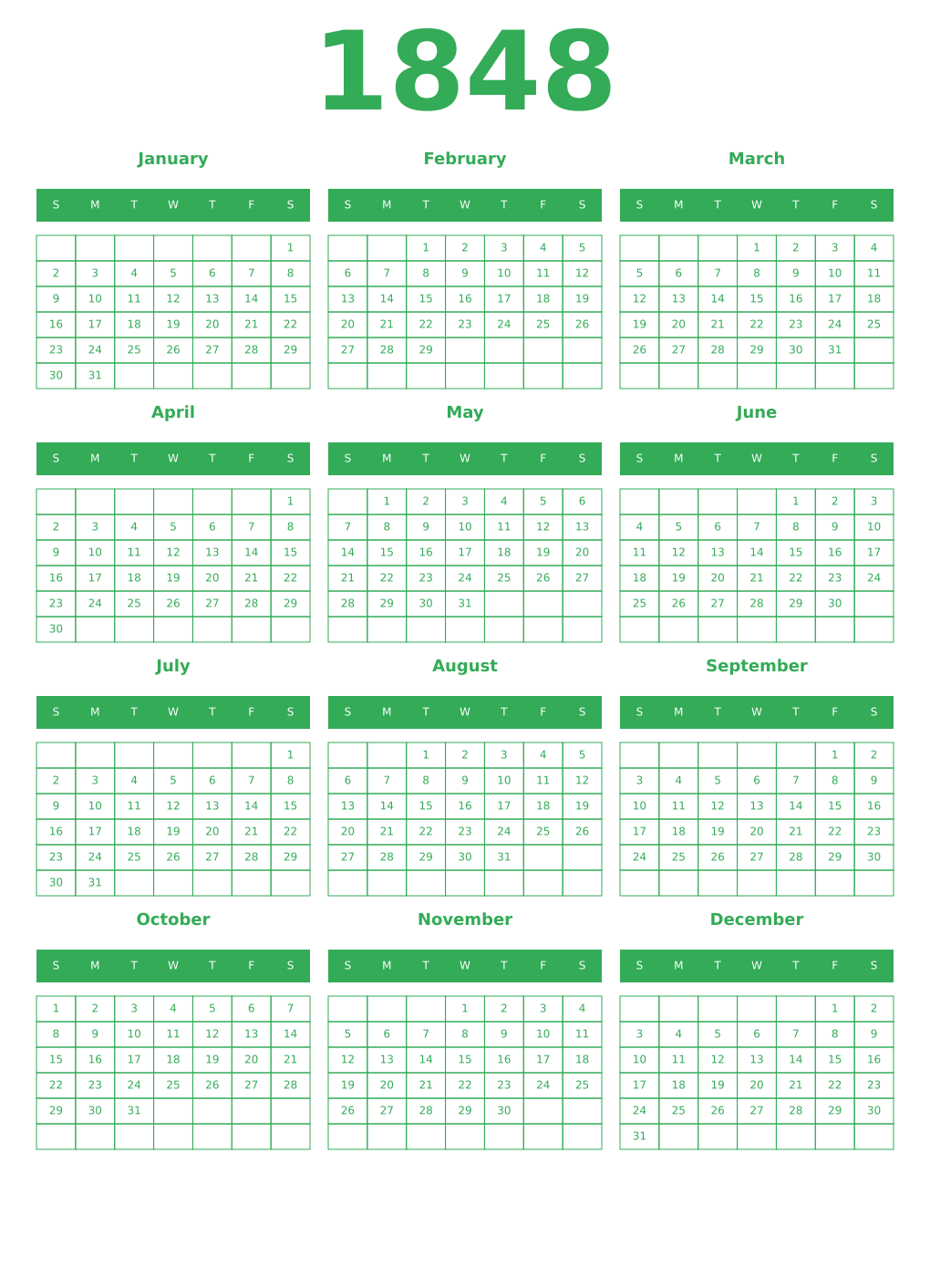 Printable 1848 Year Calendars green