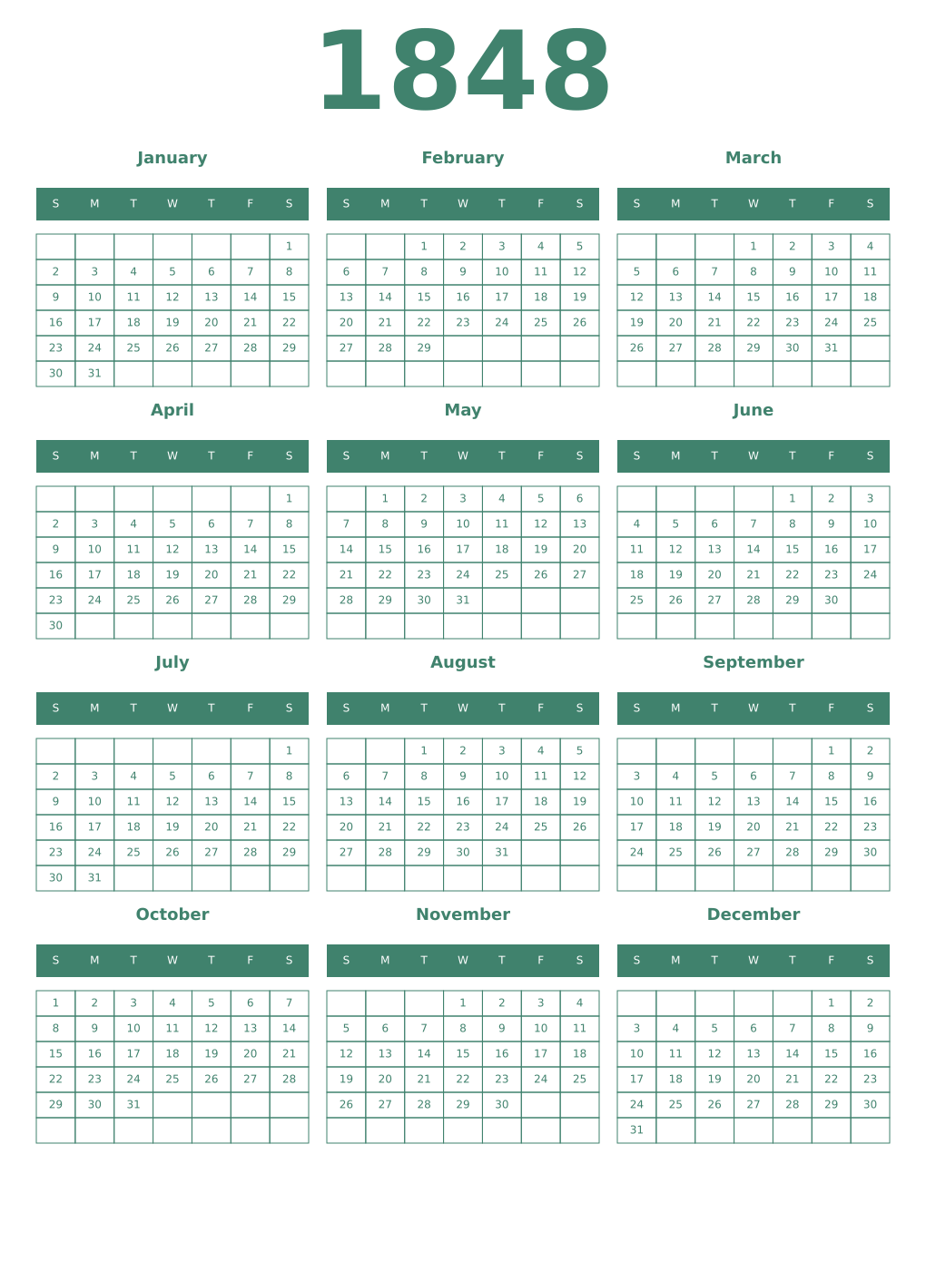 Printable 1848 Year Calendars viridian