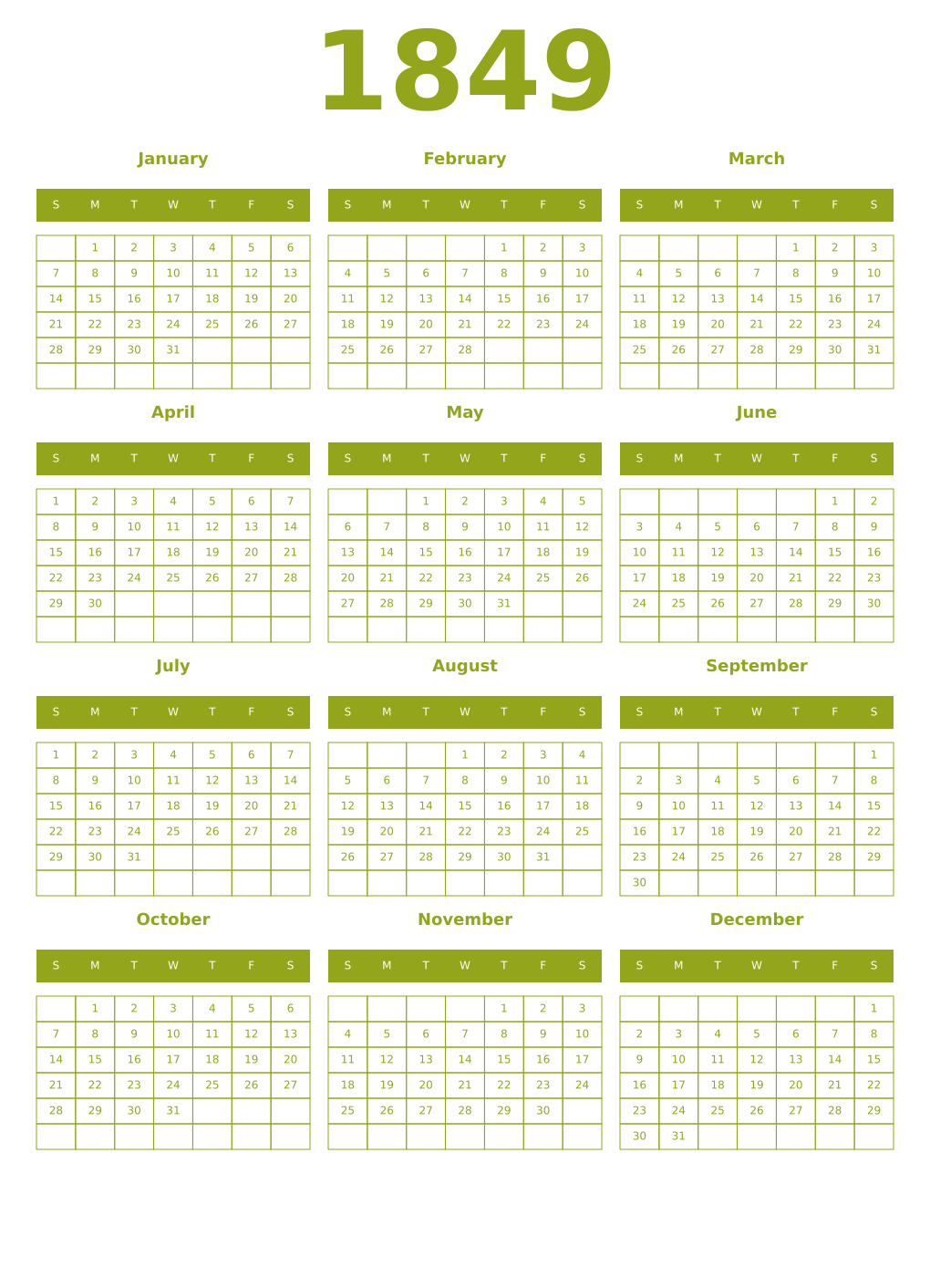Printable 1849 Year Calendars chartreuse