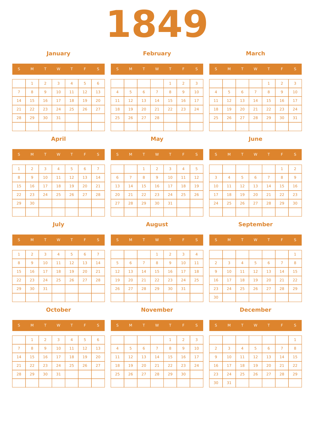 Printable 1849 Year Calendars orange