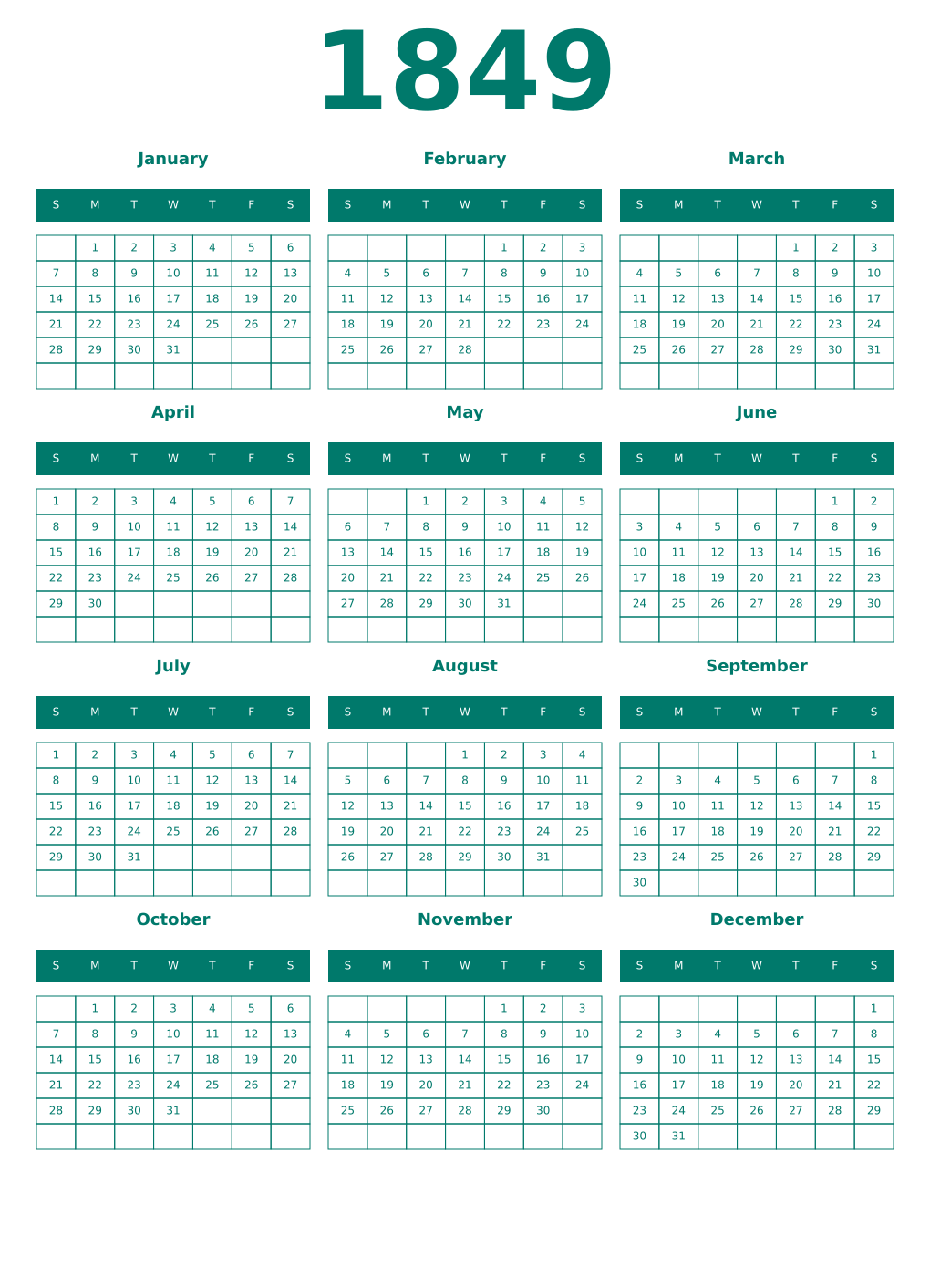 Printable 1849 Year Calendars pastel