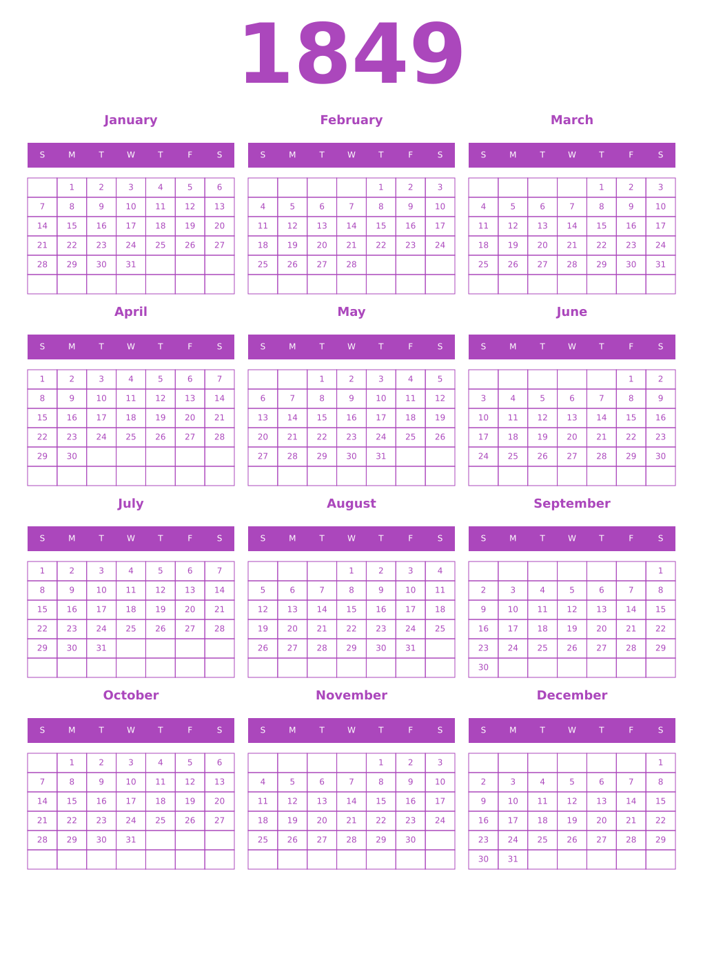 Printable 1849 Year Calendars purple