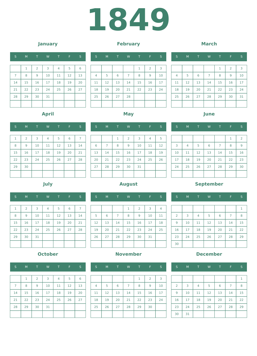 Printable 1849 Year Calendars viridian