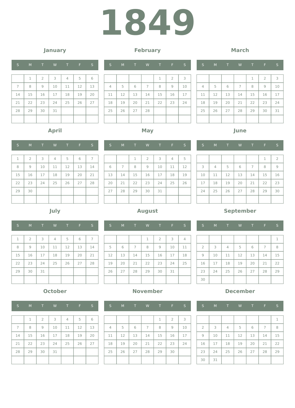 Printable 1849 Year Calendars xanadu